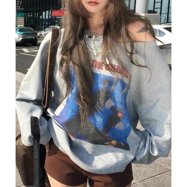 トレーナー スウェット ヴィンテージ風プリントワンショルダースウェット レディース