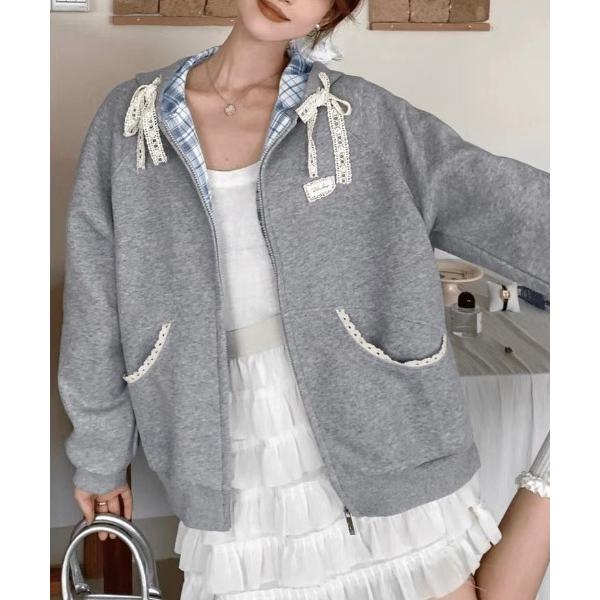 パーカー 「秋冬新作」レースアクセントチェック柄フードパーカー レディース