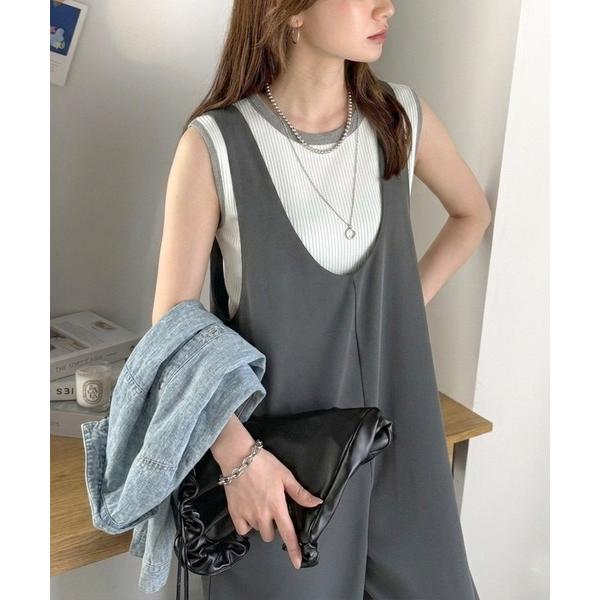 オールインワン 着心地ラクチン×お洒落見え♪深Uネックオールインワンサロペットパンツ レディース