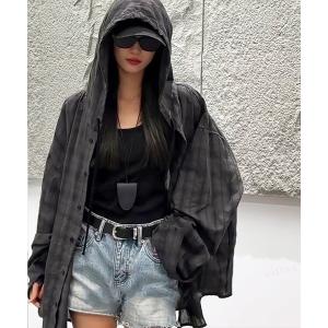 ブラウス シャツ 韓国ファッション フード付きチェック柄シアーシャツ レディース メンズ