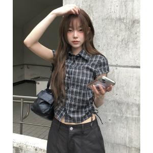 ブラウス シャツ サイドギャザーチェック柄半袖シャツ レディース