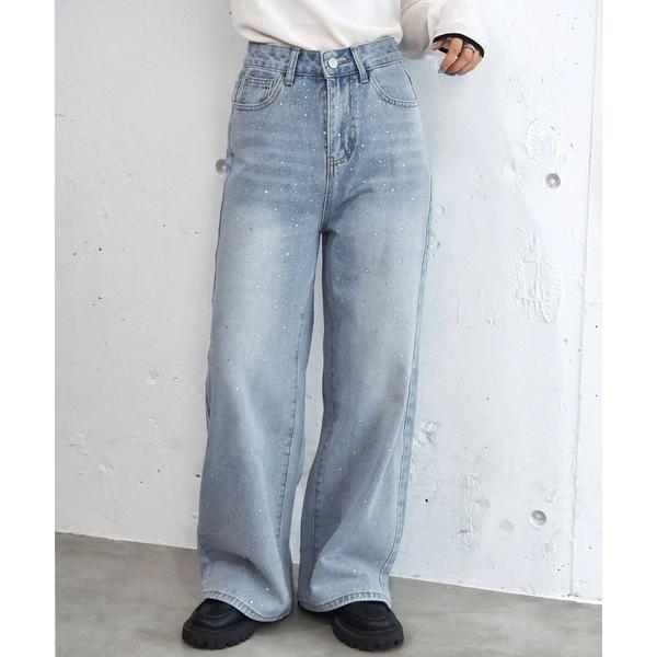 ジーンズ デニム デニムパンツ 「2サイズ展開」ラインストーンワイドパンツ レディース