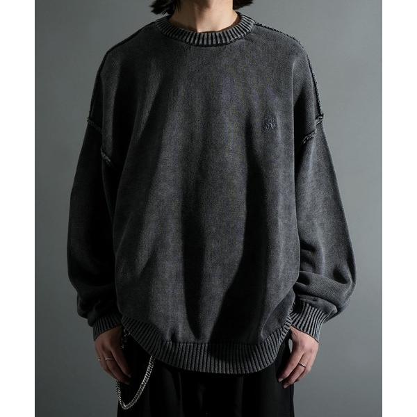 セーター ニット ヴィンテージライク ピグメント加工 ワンポイント刺繍 プルオーバー クルーネック ...
