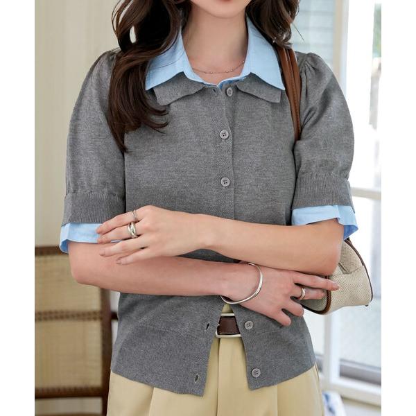 カーディガン 襟取り外しOKシャツレイヤード風ポロニット半袖カーディガン レディース