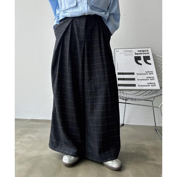 スラックス 「ユニセックス」ブロックチェック×ストライプラップタックワイドスラックス メンズ レディ...