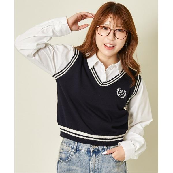 ブラウス シャツ 「刺繍ベスト×フェイクレイヤード」レディース シャツドッキングトップス 長袖 秋冬...