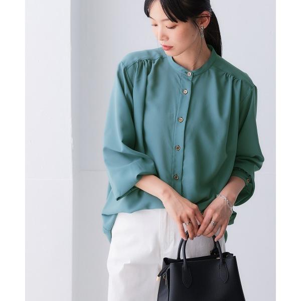 ブラウス シャツ 「大きいサイズ」 シアーバンドカラーゆるシャツ（吸汗速乾・防しわ） レディース