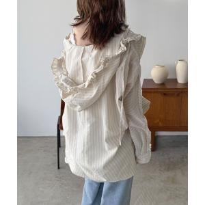 ブラウス シャツ BIGフードストライプドルマンルーズシャツ レディース