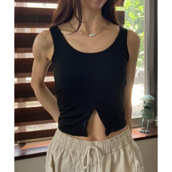 タンクトップ ノースリーブ 裾カットデザイン ボタンディテール タイト Uネック タンクトップ レデ...