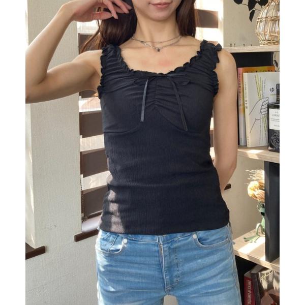 タンクトップ ノースリーブ ギャザーディテール リボン 裾メロウ Uネックタンクトップ レディース