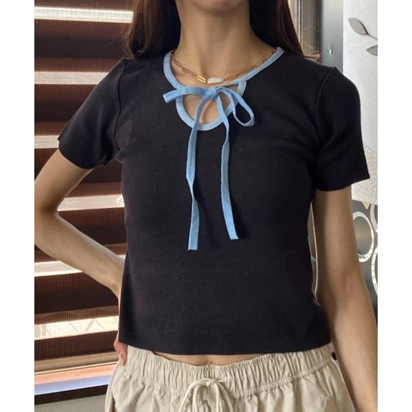 tシャツ ホルターネック クロップド丈 バイカラー 半袖カットソー レディース