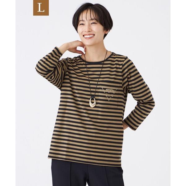 tシャツ 「L」「接触冷感」「マシンウォッシャブル」エンブロイダリーボーダーカットソー レディース