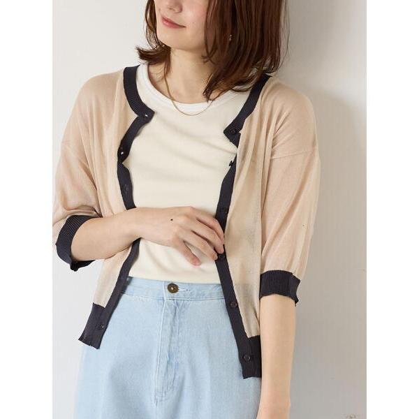 カーディガン バイカラーシアー5分袖カーディガン レディース