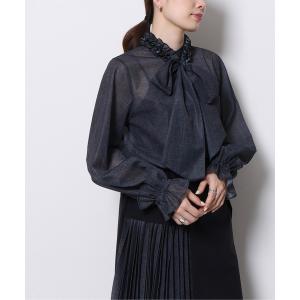 ブラウス シャツ ビッグリボンデニムオーガンジーブラウス レディース