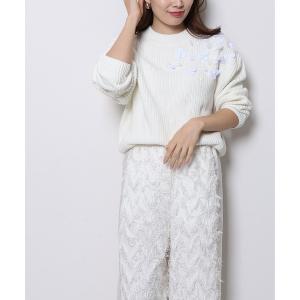 ニット セーター スパンコールフラワー片畦プルオーバー レディース