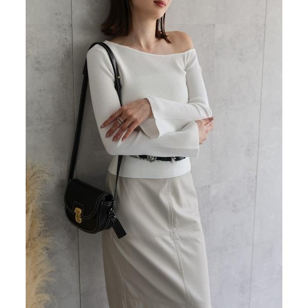 ニット セーター アシンメトリーオフショルダートップス/ハイゲージニット/ベルスリーブ レディース