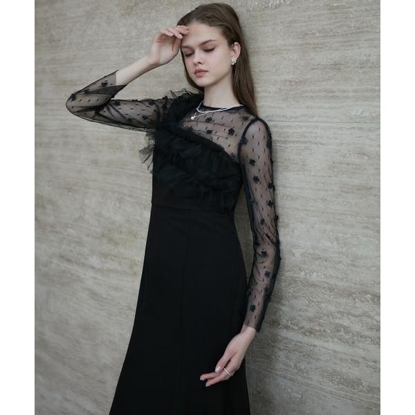 ドレス 「LEJA」フラワーモチーフアシンメトリーチュールマーメイドワンピースドレス 2点セット 美...