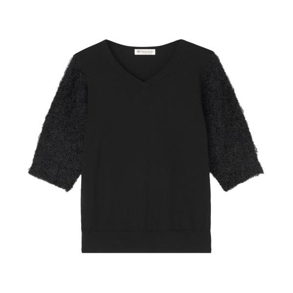 ニット セーター 袖フェザー切替プルオーバー 五分袖 レディース