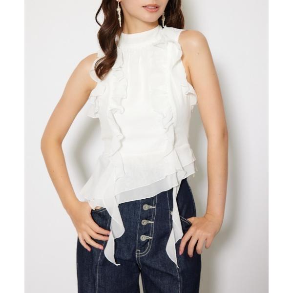 ブラウス シャツ ボウタイフリルペプラムブラウス 夏服 秋服 春服 ノースリーブ レディース