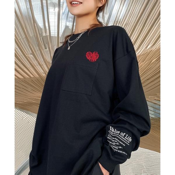 tシャツ 袖も映える レトロ  ハート 刺繍 ヘビーウェイト ポケット ロンT レディース メンズ