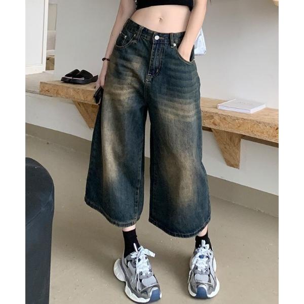 ワイドパンツ ハーフパンツ ジーンズ デニム デニムパンツ 短パン ウォッシュ加工バミューダデニムパ...