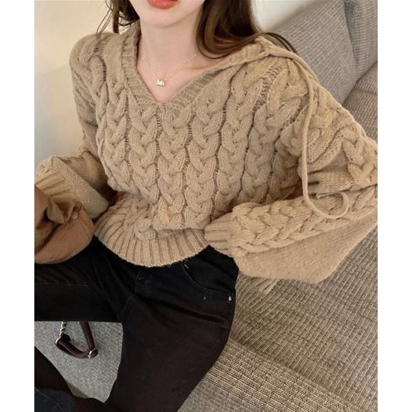 ニット セーター 「秋冬新作」フード付きケーブル編みV開きニットパーカー レディース