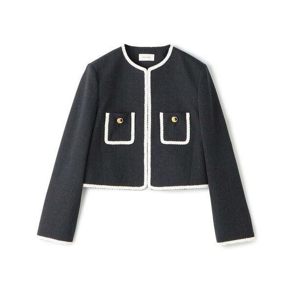 ジャケット ノーカラージャケット ハードウールオックスフォード クルーネックジャケット レディース