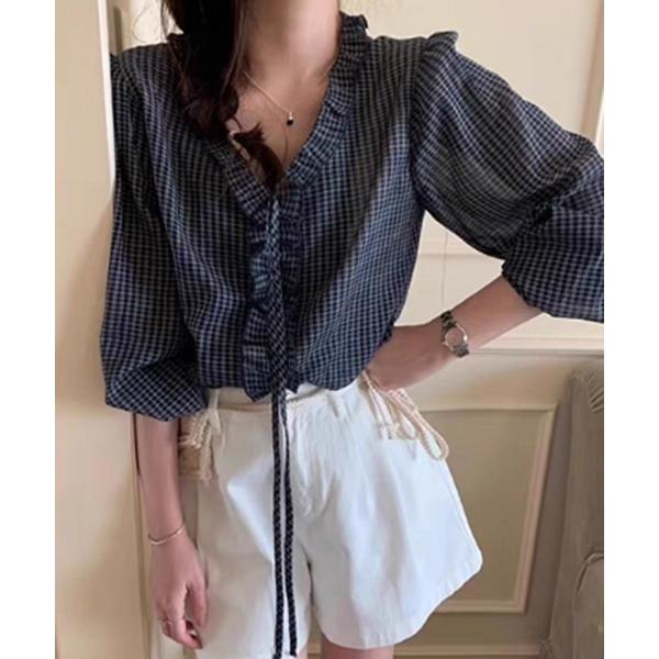 ブラウス シャツ チェックラッフルブラウス レディース
