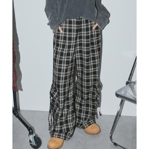 カーゴパンツ オンブレチェックドローコードワイドストレートカーゴパンツ レディース メンズ