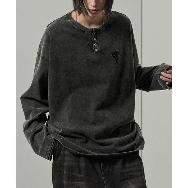 tシャツ 「Alfred Alex」ヴィンテージライクパウダーブリーチ加工ワンポイント刺繍ヘンリーネ...