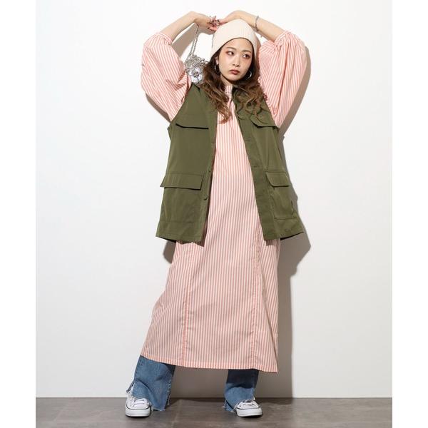 ワンピース 先染めストライプ袖ボリュームワンピース