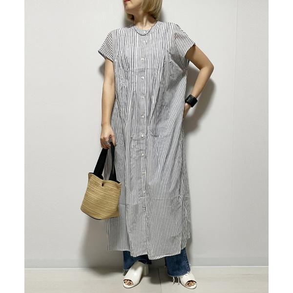 ワンピース ストライプフレンチスリーブタックワンピース