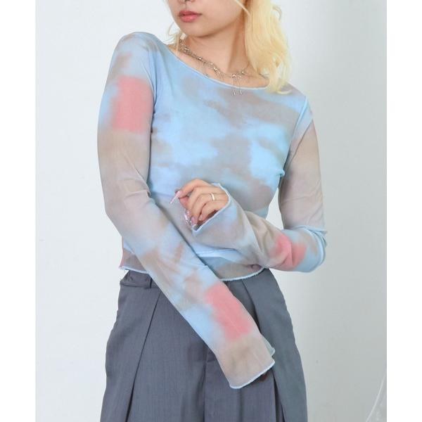 tシャツ CS　マーブル総柄シースルートップス/ブルー レディース