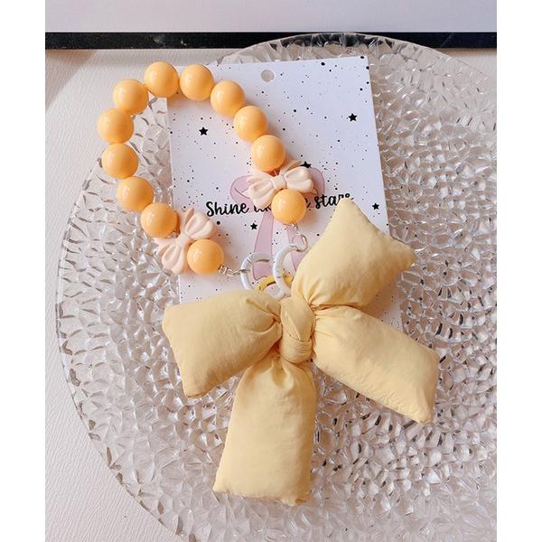 キーホルダー ウッド調ビーズ×布リボン キーホルダー