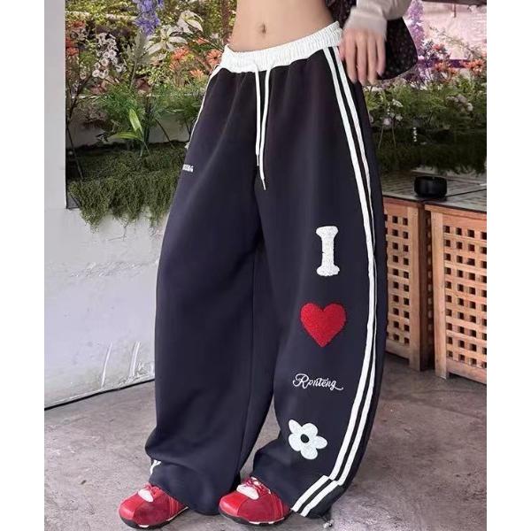 スウェットパンツ ジャージ ハート＆フラワーパッチワイドパンツ レディース メンズ
