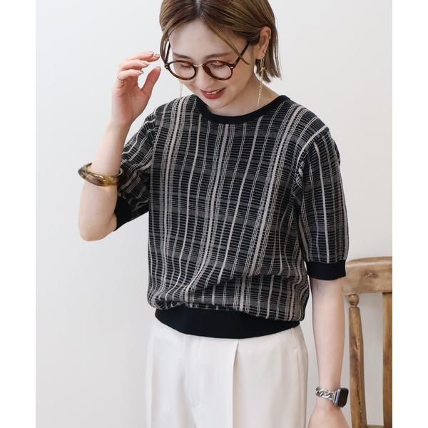 ニット セーター チェック半袖ニットプルオーバー レディース