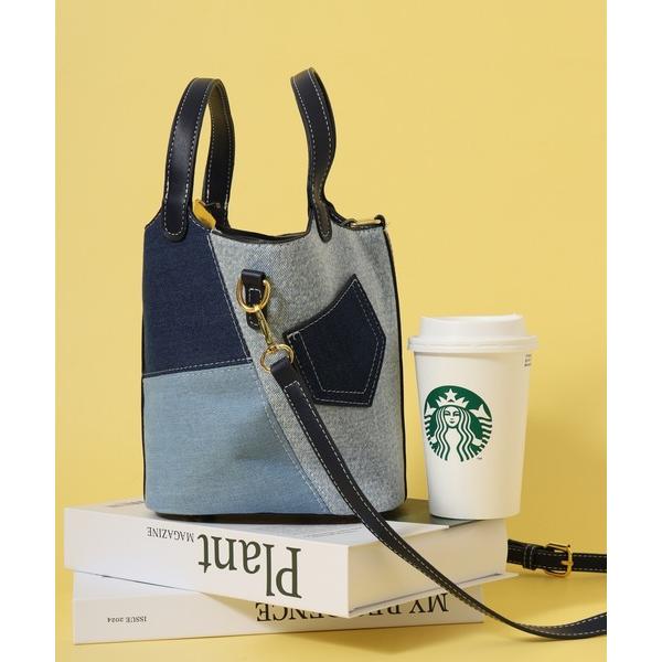 トートバッグ 異素材デニムパッチワーク風2WAYバケツバッグ レディース