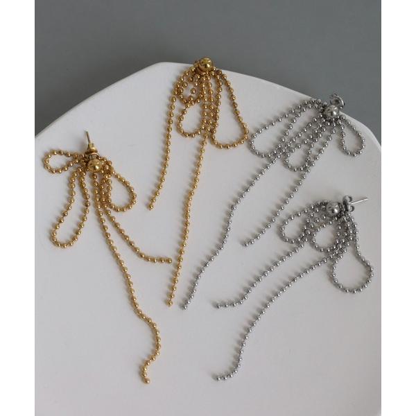 ピアス 金属アレルギー対応 ボールチェーンリボンロングピアス レディース