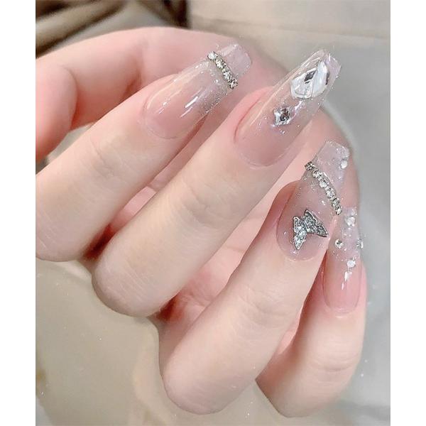 ネイルチップ ネイルシール 卒業式 蝶々＆ラインストーンデザインジェル風ネイルチップ