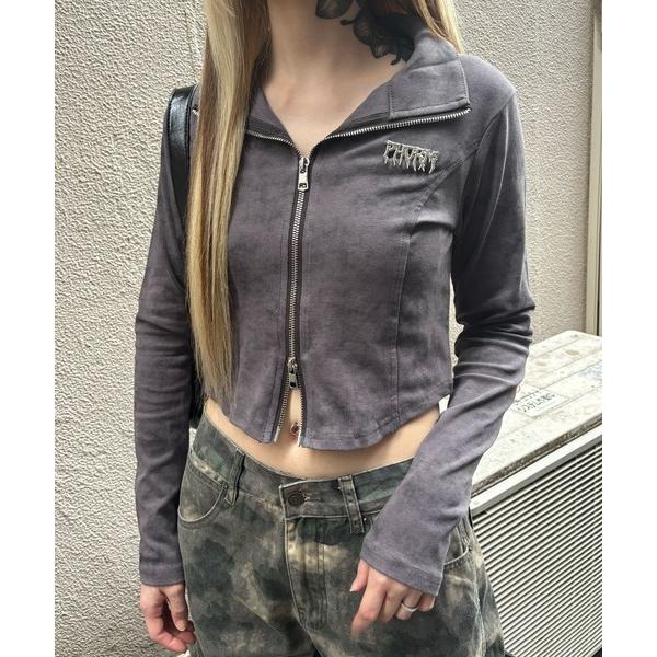 tシャツ メタルバッジZIP UP長袖トップ レディース メンズ