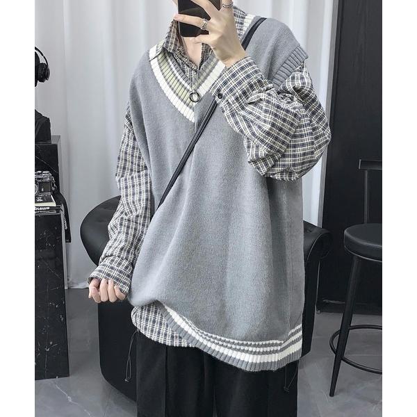 ベスト ジレ 「25年秋冬新作」クレイジーパターン プレッピー Vネック ニットベスト メンズ