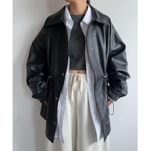 コート アウター ドローストリングフェイクレザージャケット レディース