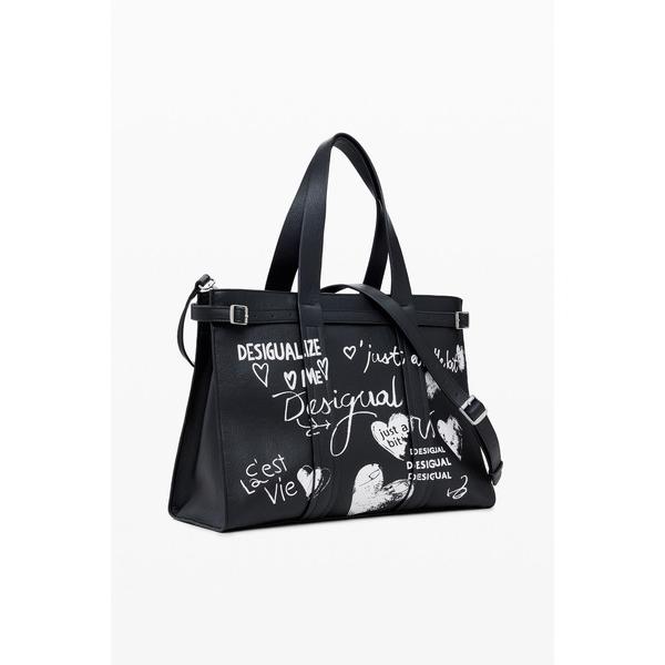 ハンドバッグ 手書き風落書きプリントフェイクレザーショッパーバッグ ブラック