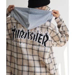 シャツ 「THRASHER/スラッシャー」 フード付き ワンポイントロゴ ロングスリーブ チェックネルシャツ メンズ レディース