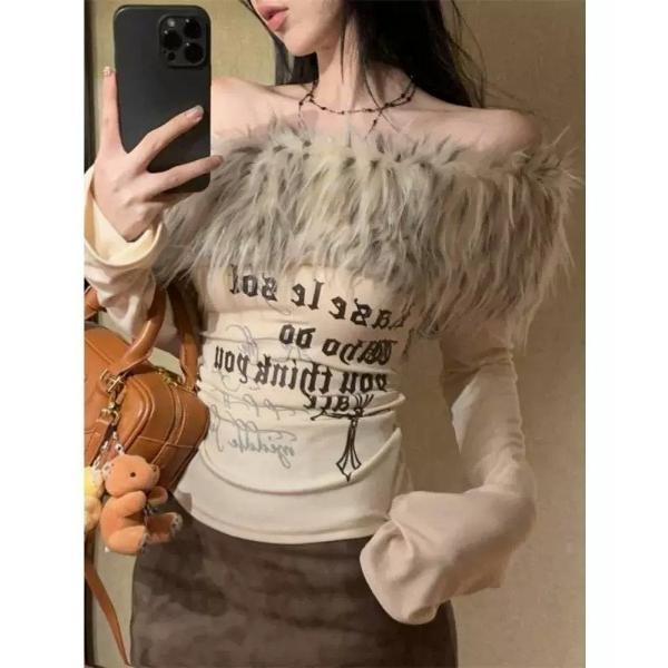 tシャツ ボリューム ファー オフショルダーギャル グランジ Y2K ロンT トップス レディース ...