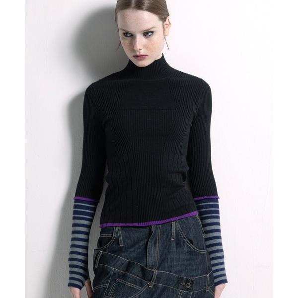 ニット セーター ボーダースリーブリブニット レディース