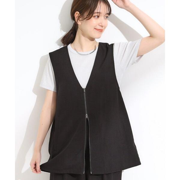 ベスト ジレ 「セットアップ可」さらりと軽やかに ダブルジップ麻調ジレ レディース