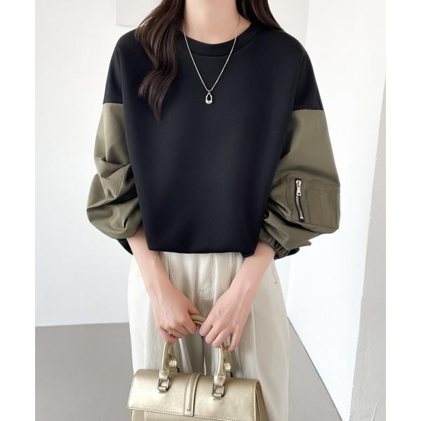 トレーナー スウェット 異素材スリーブ切替プルオーバー レディース