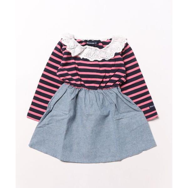 ワンピース ボーダー切替襟レース長袖ワンピース キッズ 子供服 女の子