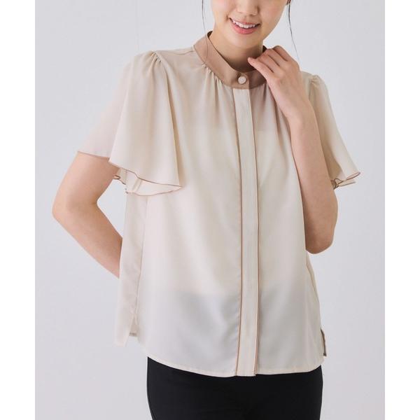 ブラウス シャツ デザイン釦配色フレアブラウス レディース
